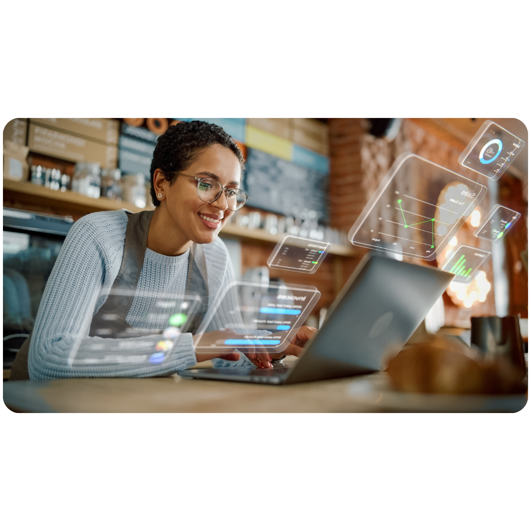 Merchant selling online smiling